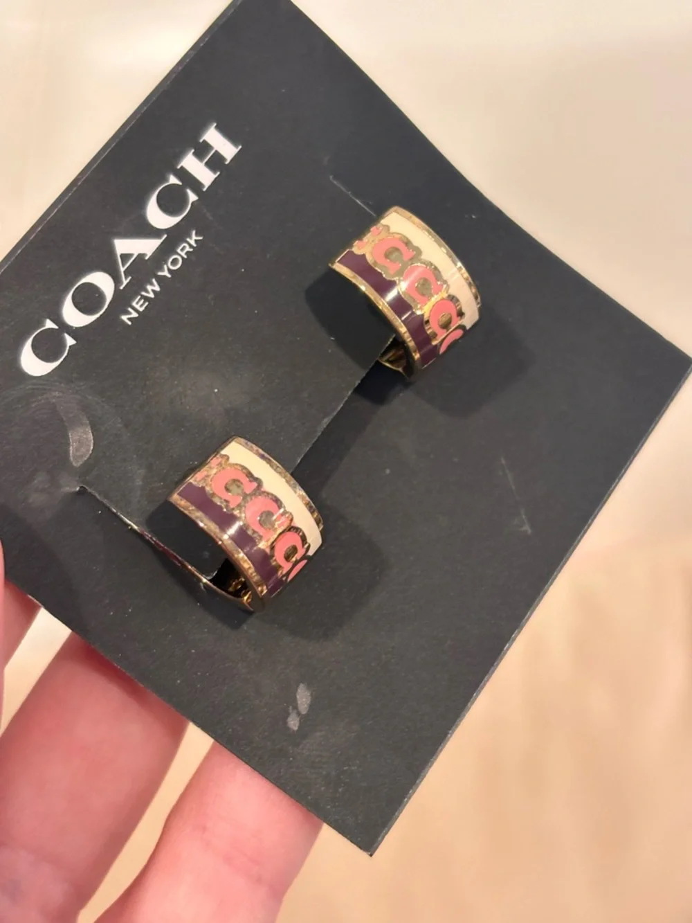 COACH Gold-Tone Signature C Enamel Huggie Earrings NWT - Picture 2 of 7